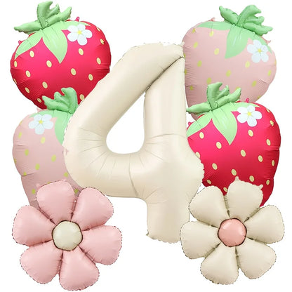 7Pcs Fruit Strawberry Flower Foil Balloon with 40inch Cream Number Balloon Berry First Birthday Sweet Summer Party Supplies