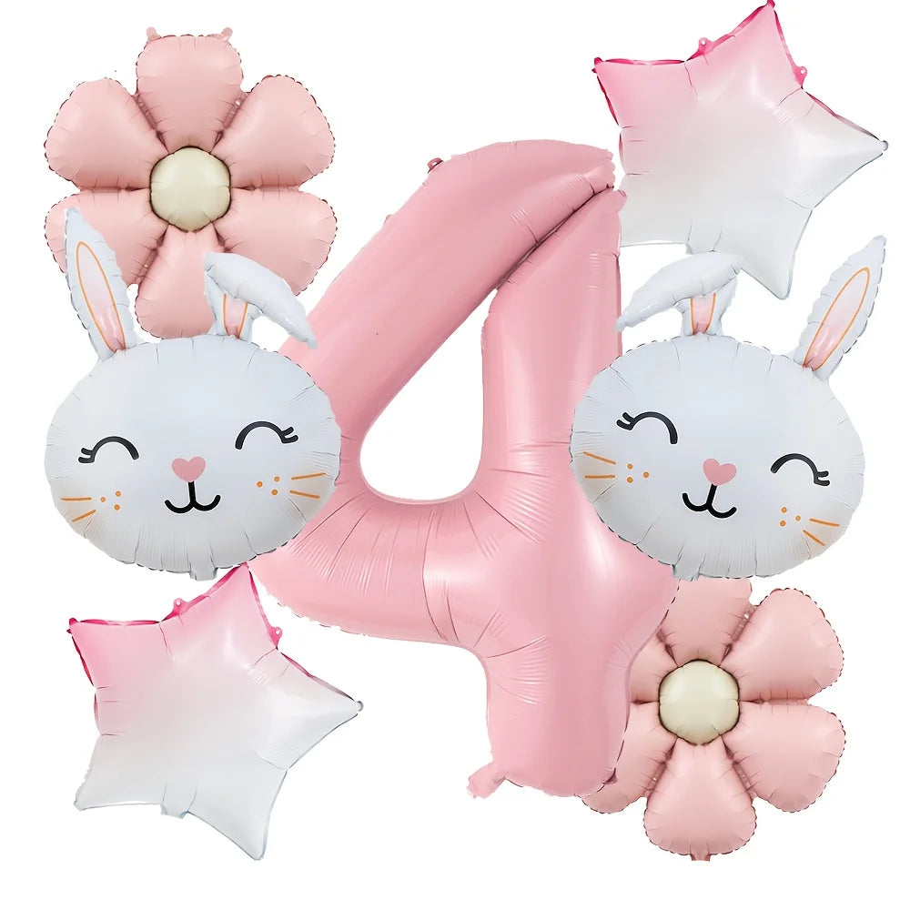 7pcs/set Easter Themed Cartoon Rabbit Matte Pink Daisy Balloon 32inch Number 1-9 Balloon Birthday Party Decoration Kids Toys