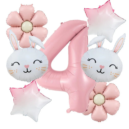 7pcs/set Easter Themed Cartoon Rabbit Matte Pink Daisy Balloon 32inch Number 1-9 Balloon Birthday Party Decoration Kids Toys