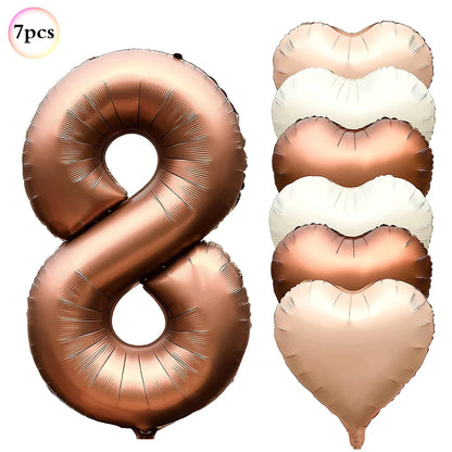Ballon pour Anniversaire Brun Cuivré | Cœurs | Lot de 7 Pièces