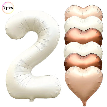 Ballon Chiffre Anniversaire Crème | Cœurs | Lot de 7 Pièces