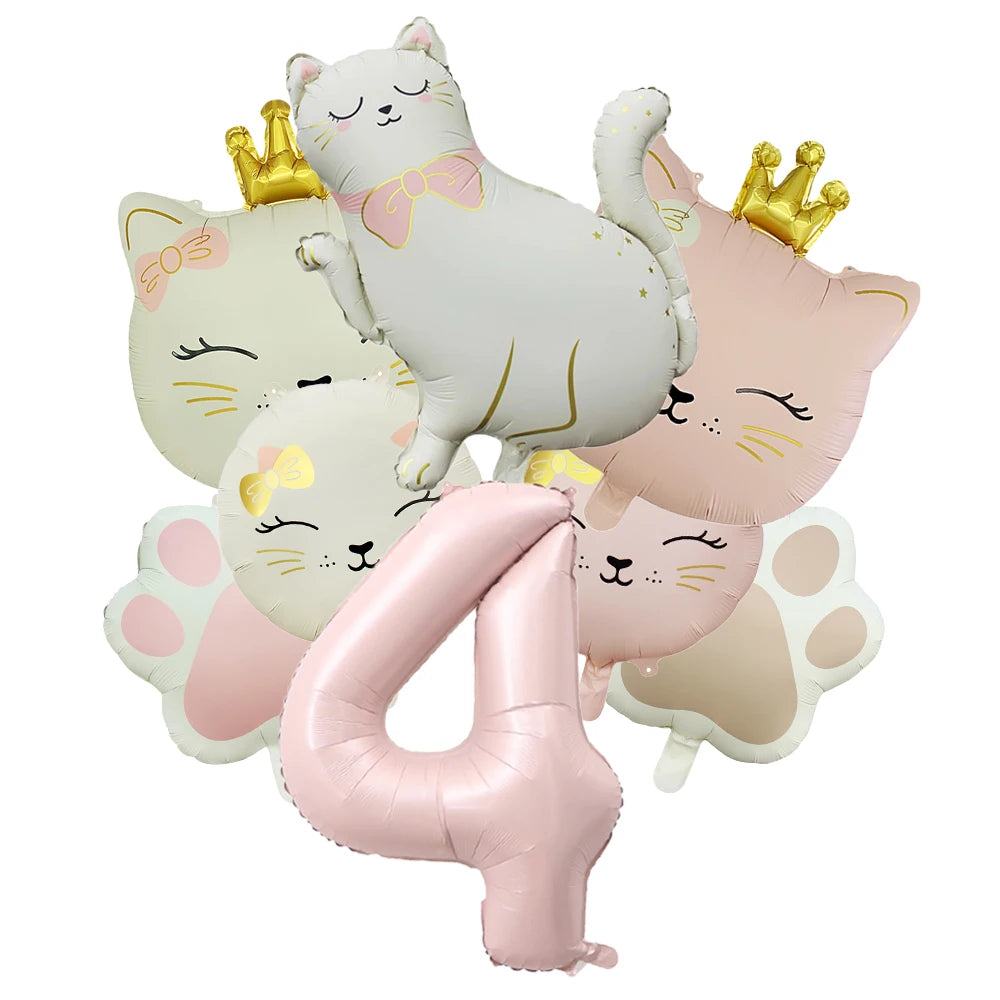Ballons Anniversaire Chat Rose avec Chiffre | Lot de 7 pièces