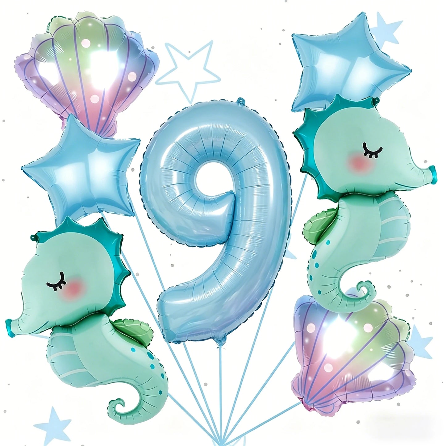 7Pcs Under the Sea World Themed Party Balloon Set New Seahorse 40Inch Blue Number Decor Foil Balloons Birthday Decoration Gifts