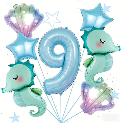7Pcs Under the Sea World Themed Party Balloon Set New Seahorse 40Inch Blue Number Decor Foil Balloons Birthday Decoration Gifts
