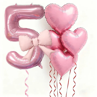 6pcs Pink Bow Heart Balloon with 32Inch Pink Number Foil Balloon for Birthday Party Wedding Engagements Anniversaries Decoration