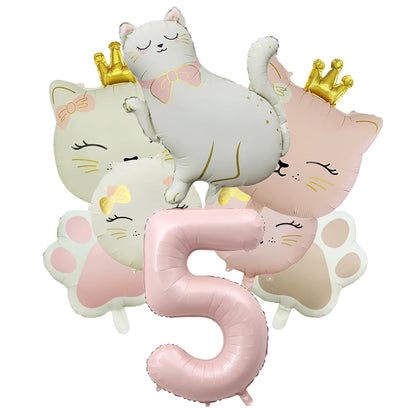 Ballons Anniversaire Chat Rose avec Chiffre | Lot de 7 pièces