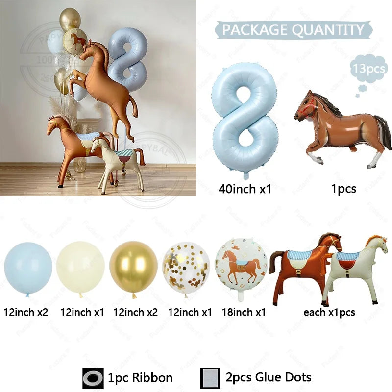 13pcs Cartoon Horse Birthday Party Decoration Aluminum Film Ballons Baby Shower Pet Pony Birthday Farm Party Theme Balloons