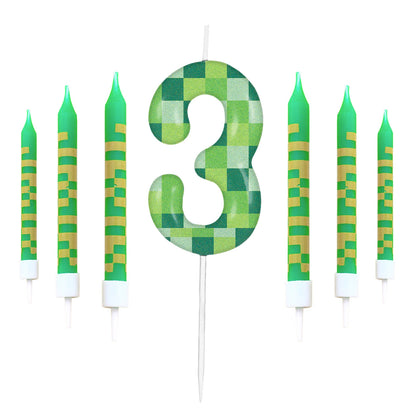 7pcs Green my world Candle Birthday Party Pixel Theme Birthday Party Video Game Party Decoration 0-9 Cake Top Digital Candles