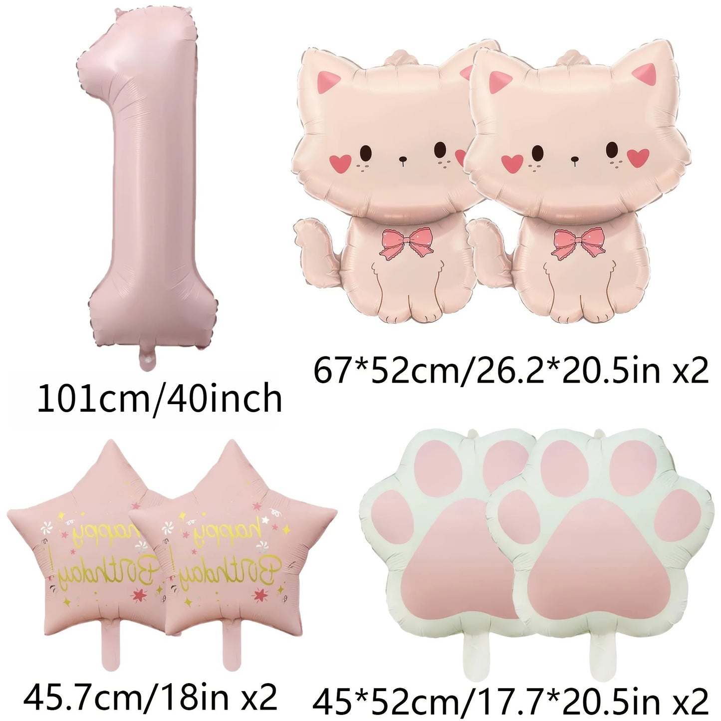 Ballons anniversaire chat rose | Lot de 7 pièces