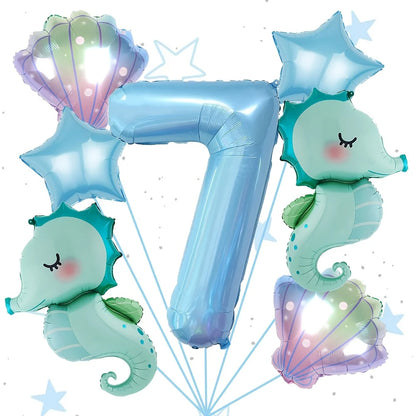 7Pcs Under the Sea World Themed Party Balloon Set New Seahorse 40Inch Blue Number Decor Foil Balloons Birthday Decoration Gifts