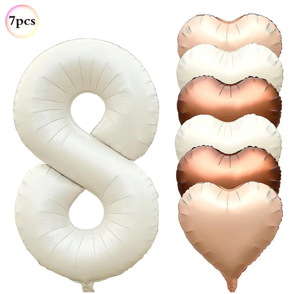 Ballon Chiffre Anniversaire Crème | Cœurs | Lot de 7 Pièces