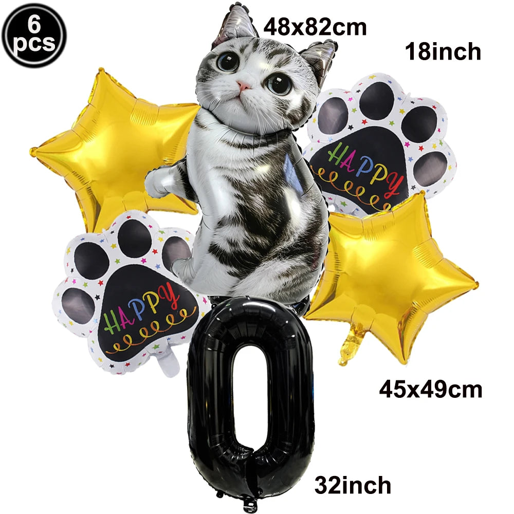 Cat Party Balloons Set Pink Blue Kitten Cat's Paw Foil Balloon with 32'' Number Balloons for Boy Girl 1-9th Birthday Party Decor