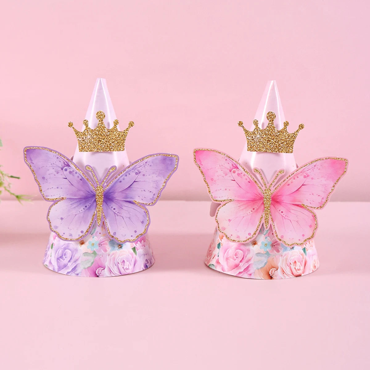 6pcs Mixed Pink Purple Butterfly Party Hats with Elastic String Paper Birthday Hat with Butterfly Stickers for Girls Photo Props