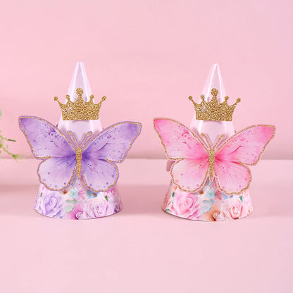 6pcs Mixed Pink Purple Butterfly Party Hats with Elastic String Paper Birthday Hat with Butterfly Stickers for Girls Photo Props