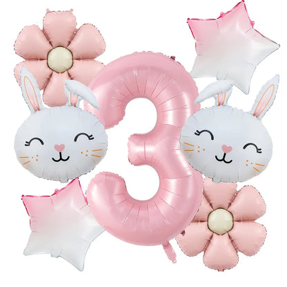 7pcs/set Easter Themed Cartoon Rabbit Matte Pink Daisy Balloon 32inch Number 1-9 Balloon Birthday Party Decoration Kids Toys