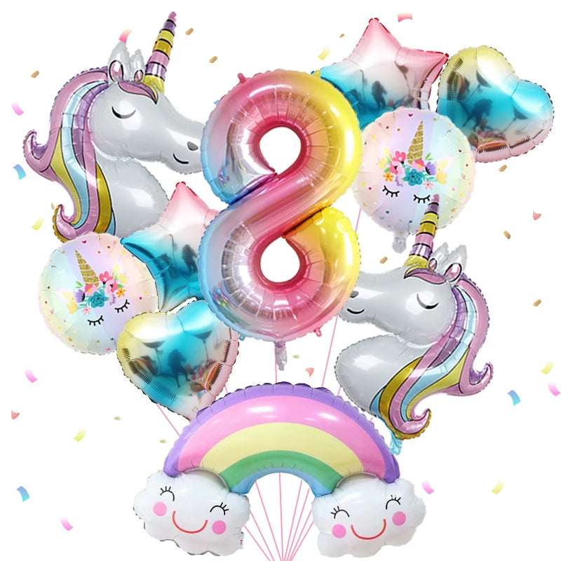 1set Rainbow Unicorn Girl Balloon Aluminum Film Balloon Set with Smiling Rainbow Foil 1st Newborn Party Decoration Supplies