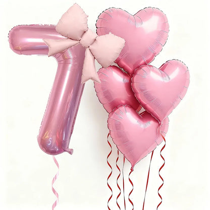 6pcs Pink Bow Heart Balloon with 32Inch Pink Number Foil Balloon for Birthday Party Wedding Engagements Anniversaries Decoration