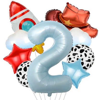 9Pcs Cloud Rocket Cowboy Hat Balloon Set Digital Numbers for Birthday Western Party Baby Shower Christening Wedding Celebration