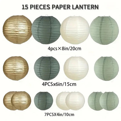15-Piece Set of Paper Lantern Decorations, Round Hanging Paper Lantern Decorations, Suitable for Country Parties, Bridal Showers, Weddings, Gray-Green Birthday Party Supplies in Gold/Ivory/Grey-Green, Party Supplies, Ceiling