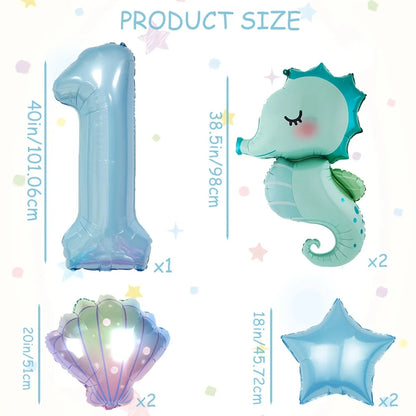 7Pcs Under the Sea World Themed Party Balloon Set New Seahorse 40Inch Blue Number Decor Foil Balloons Birthday Decoration Gifts