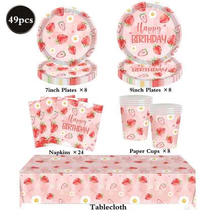 Sweet Strawberry Party Decor Berry First Birthday Supplies Pink Paper Plates Cups Baby Shower Summer Fruit Party Tableware Set