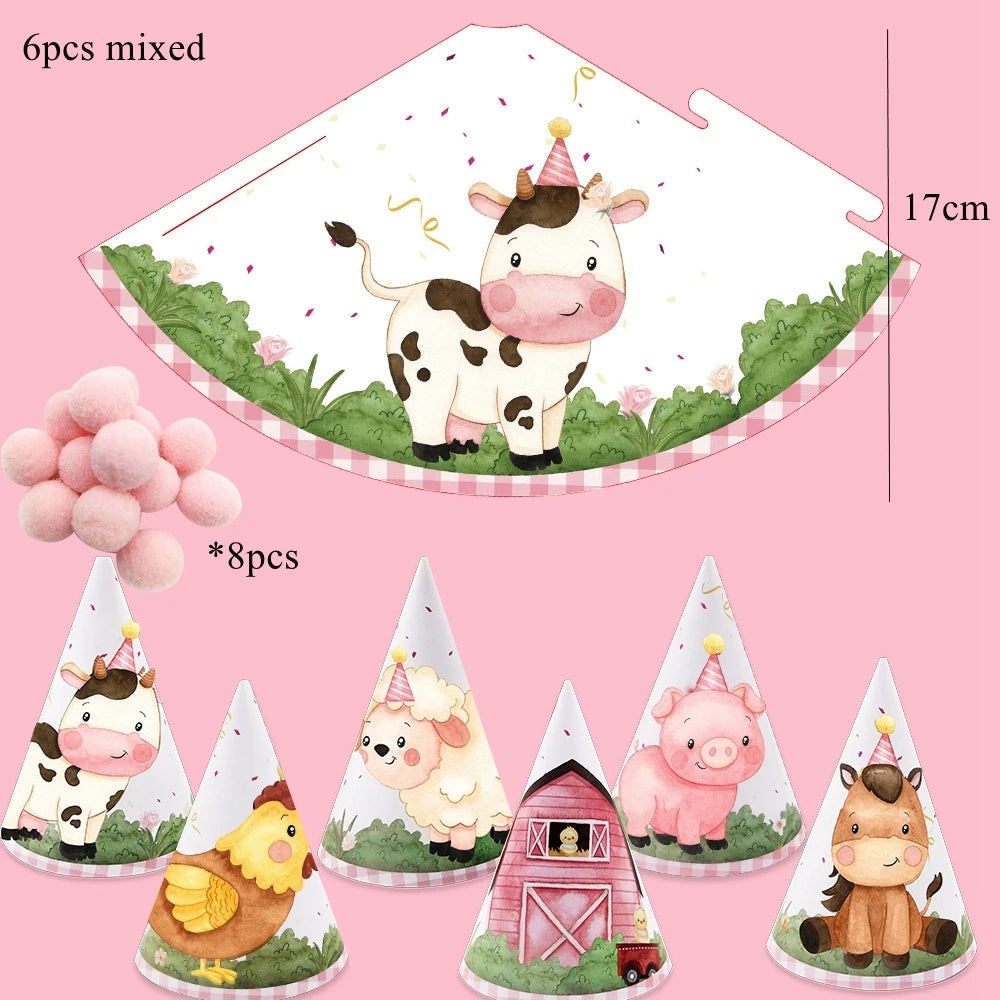 6pcs Farm Animal Paper Hat Carton Birthday Hats For Kids Farmland Animal Happy Birthday Party Decorations DIY Party Supplies