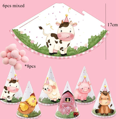 6pcs Farm Animal Paper Hat Carton Birthday Hats For Kids Farmland Animal Happy Birthday Party Decorations DIY Party Supplies