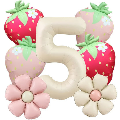 7Pcs Fruit Strawberry Flower Foil Balloon with 40inch Cream Number Balloon Berry First Birthday Sweet Summer Party Supplies