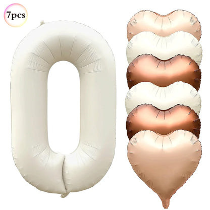 Ballon Chiffre Anniversaire Crème | Cœurs | Lot de 7 Pièces