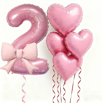 6pcs Pink Bow Heart Balloon with 32Inch Pink Number Foil Balloon for Birthday Party Wedding Engagements Anniversaries Decoration