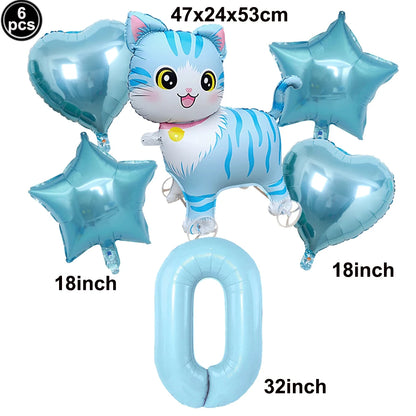 Cat Party Balloons Set Pink Blue Kitten Cat's Paw Foil Balloon with 32'' Number Balloons for Boy Girl 1-9th Birthday Party Decor