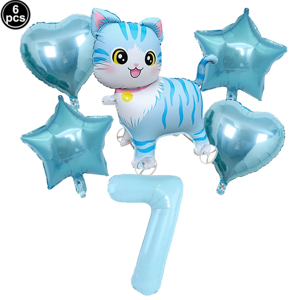 Cat Party Balloons Set Pink Blue Kitten Cat's Paw Foil Balloon with 32'' Number Balloons for Boy Girl 1-9th Birthday Party Decor
