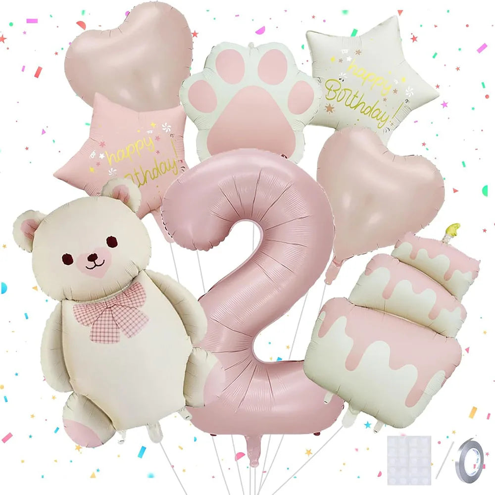 8pcs Pink Matte Bear Foil Theme Balloon for Birthday Party Decoration Cute Animal Bear Theme Event Baby Shower Decorations Gift