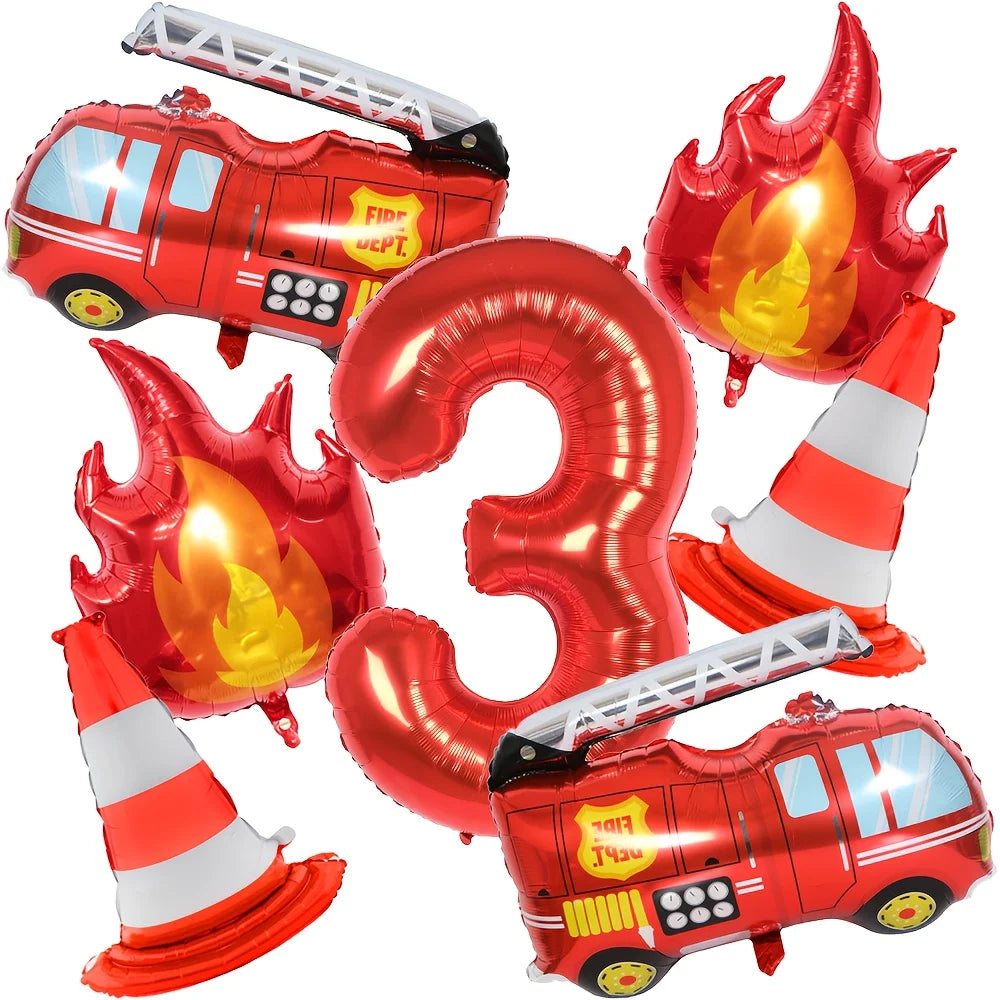 1Set Fire Truck Balloons Set Red 32Inch Number Balloon Flame Balloons For Baby Shower Firefighter Birthday Party Decoration