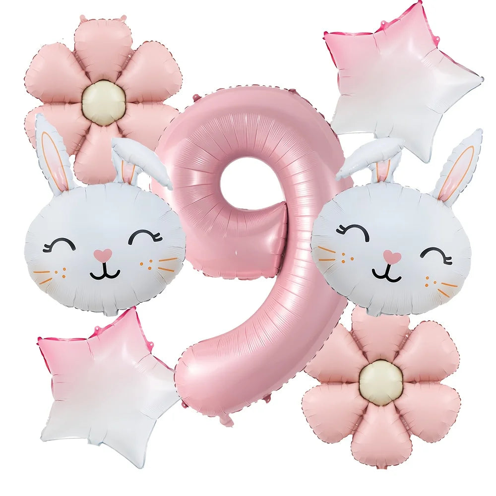 7pcs/set Easter Themed Cartoon Rabbit Matte Pink Daisy Balloon 32inch Number 1-9 Balloon Birthday Party Decoration Kids Toys