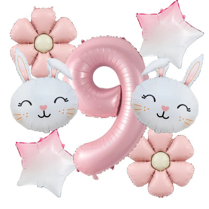 7pcs/set Easter Themed Cartoon Rabbit Matte Pink Daisy Balloon 32inch Number 1-9 Balloon Birthday Party Decoration Kids Toys