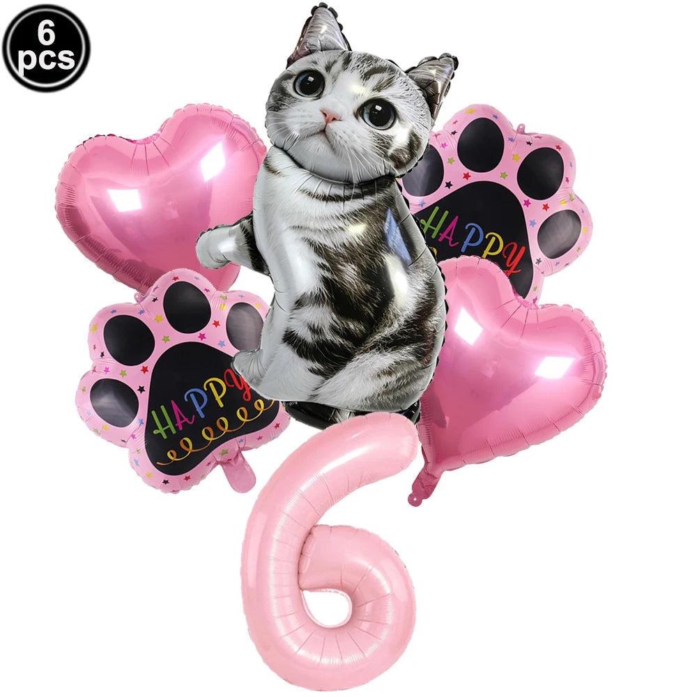 Cat Party Balloons Set Pink Blue Kitten Cat's Paw Foil Balloon with 32'' Number Balloons for Boy Girl 1-9th Birthday Party Decor