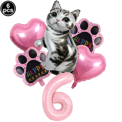 Cat Party Balloons Set Pink Blue Kitten Cat's Paw Foil Balloon with 32'' Number Balloons for Boy Girl 1-9th Birthday Party Decor