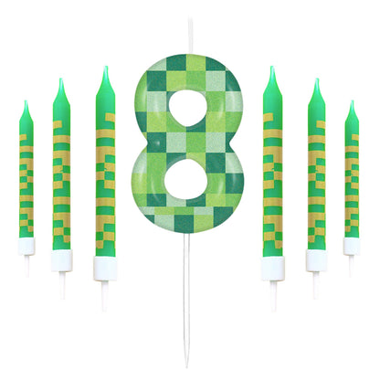 7pcs Green my world Candle Birthday Party Pixel Theme Birthday Party Video Game Party Decoration 0-9 Cake Top Digital Candles