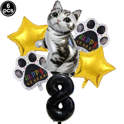Cat Party Balloons Set Pink Blue Kitten Cat's Paw Foil Balloon with 32'' Number Balloons for Boy Girl 1-9th Birthday Party Decor