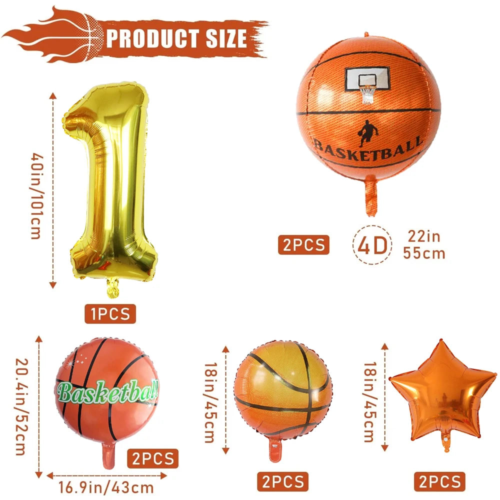 9Pcs Basketball Balloon Set Digital Aluminum Film Balloon Sports Basketball Party Supplies Basketball Birthday Party Decoration