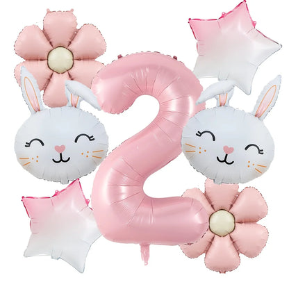 7pcs/set Easter Themed Cartoon Rabbit Matte Pink Daisy Balloon 32inch Number 1-9 Balloon Birthday Party Decoration Kids Toys