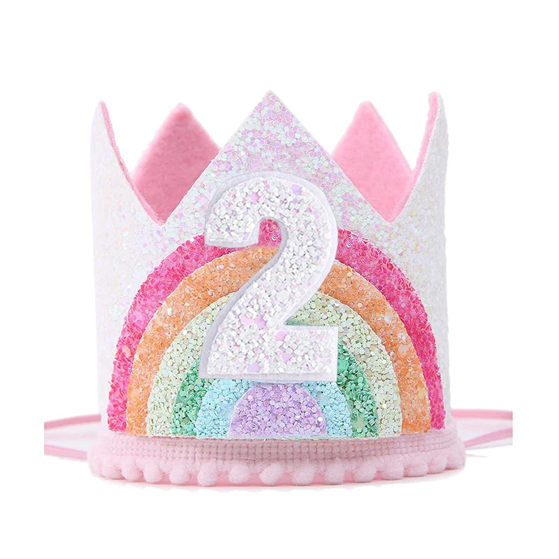 Felt Rainbow Theme Birthday Party Crown 1st 2nd 3rd Happy Birthday Party Decor Kids Baby Shower Party Number Hat Unicorn Party