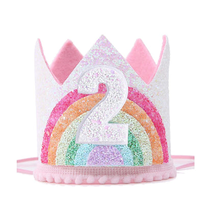 Felt Rainbow Theme Birthday Party Crown 1st 2nd 3rd Happy Birthday Party Decor Kids Baby Shower Party Number Hat Unicorn Party