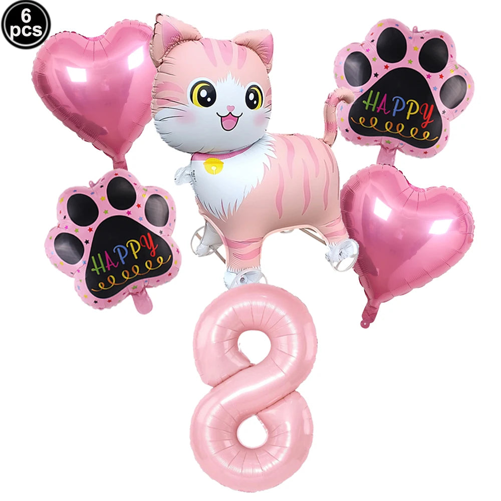 Cat Party Balloons Set Pink Blue Kitten Cat's Paw Foil Balloon with 32'' Number Balloons for Boy Girl 1-9th Birthday Party Decor
