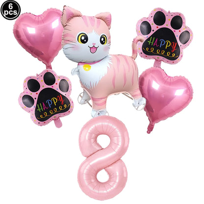 Cat Party Balloons Set Pink Blue Kitten Cat's Paw Foil Balloon with 32'' Number Balloons for Boy Girl 1-9th Birthday Party Decor