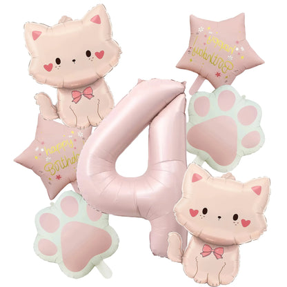 Ballons anniversaire chat rose | Lot de 7 pièces