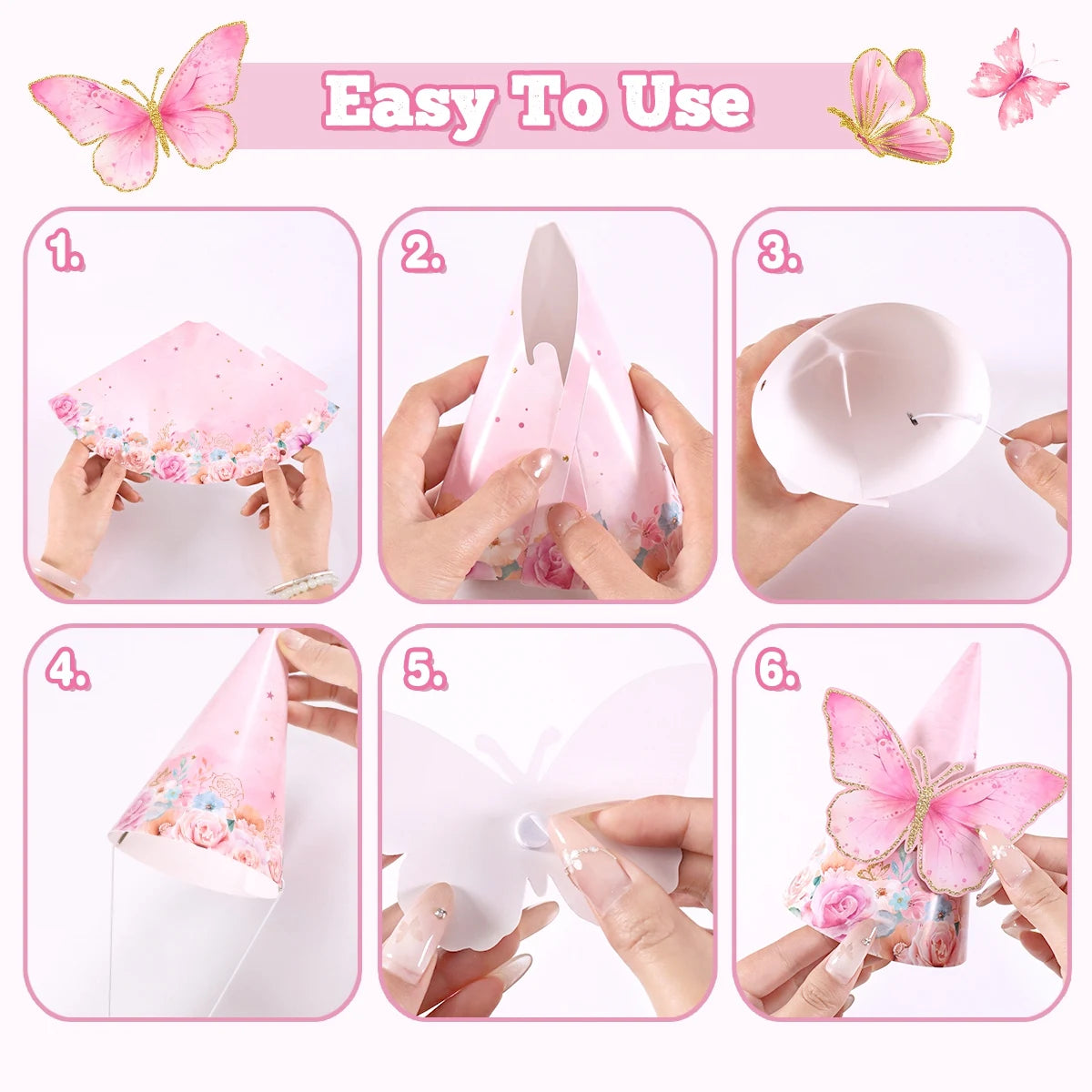 6pcs Mixed Pink Purple Butterfly Party Hats with Elastic String Paper Birthday Hat with Butterfly Stickers for Girls Photo Props