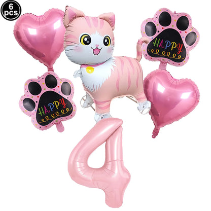 Cat Party Balloons Set Pink Blue Kitten Cat's Paw Foil Balloon with 32'' Number Balloons for Boy Girl 1-9th Birthday Party Decor