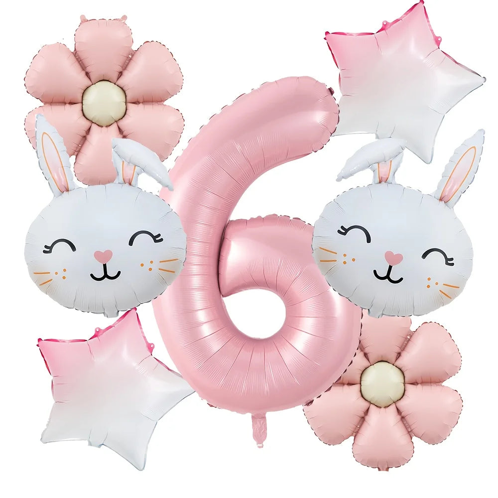 7pcs/set Easter Themed Cartoon Rabbit Matte Pink Daisy Balloon 32inch Number 1-9 Balloon Birthday Party Decoration Kids Toys